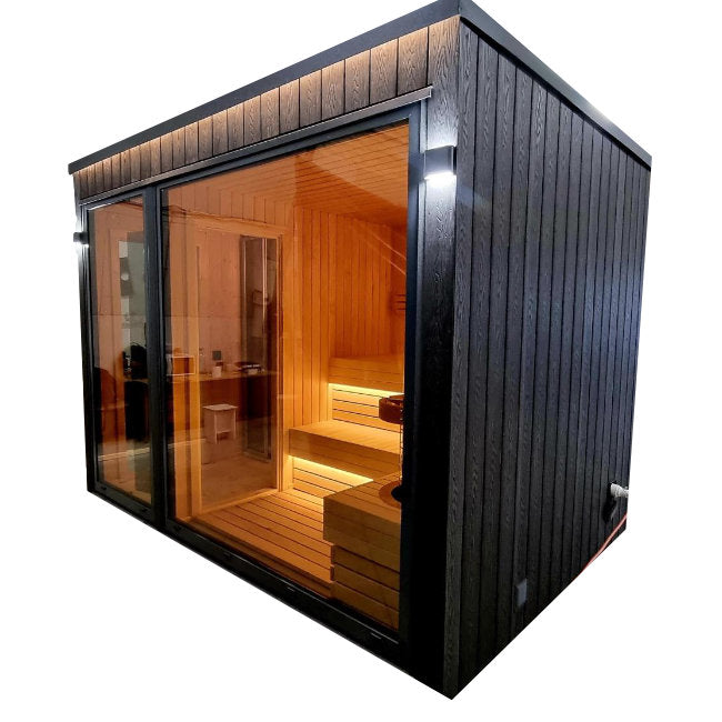 Luxe Buitensauna 'Lugn' met Zoutmuur | Exclusieve Wellness Tuin - Finesse Wellness BV